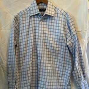 CAFE COTON Selection Size 41/16 White/Blue Plaid Cotton Long Sleeve Dress Shirt
